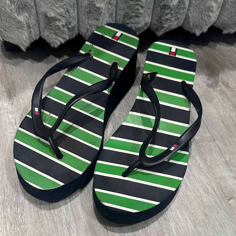 Tommy Hilfiger Green and Black Striped Flip Flops